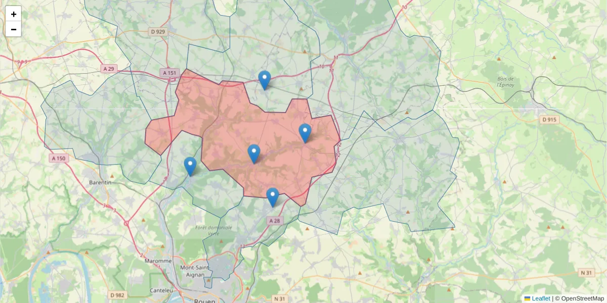 Carte de la zone du code postal  et des codes postaux voisins en France