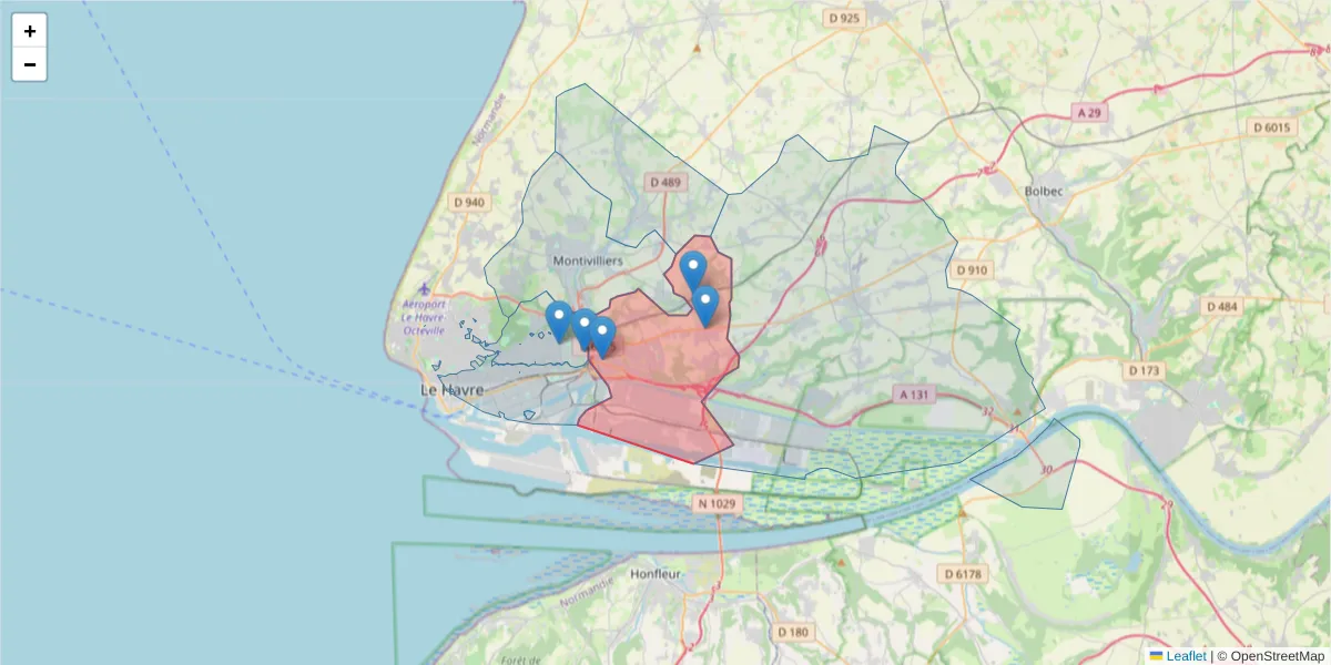 Carte de la zone du code postal  et des codes postaux voisins en France