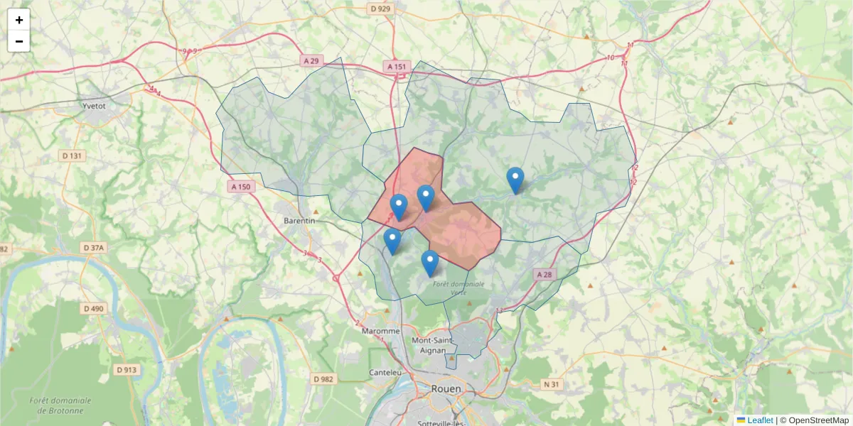 Carte de la zone du code postal  et des codes postaux voisins en France