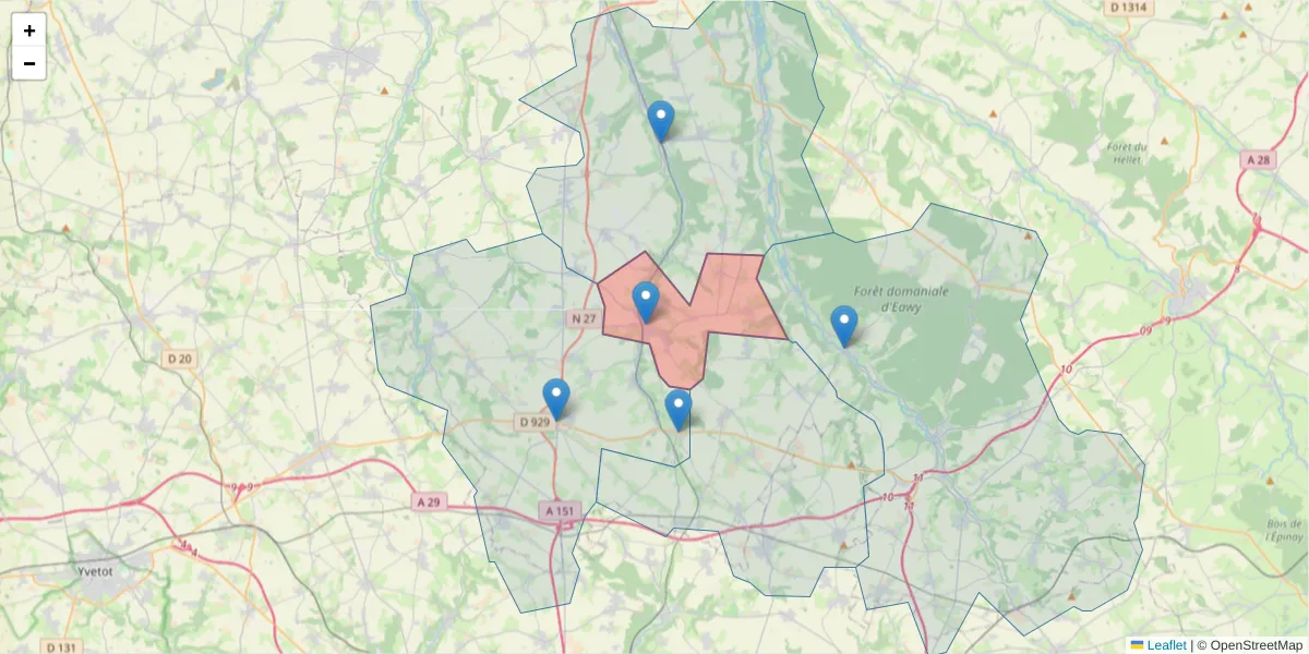 Carte de la zone du code postal  et des codes postaux voisins en France