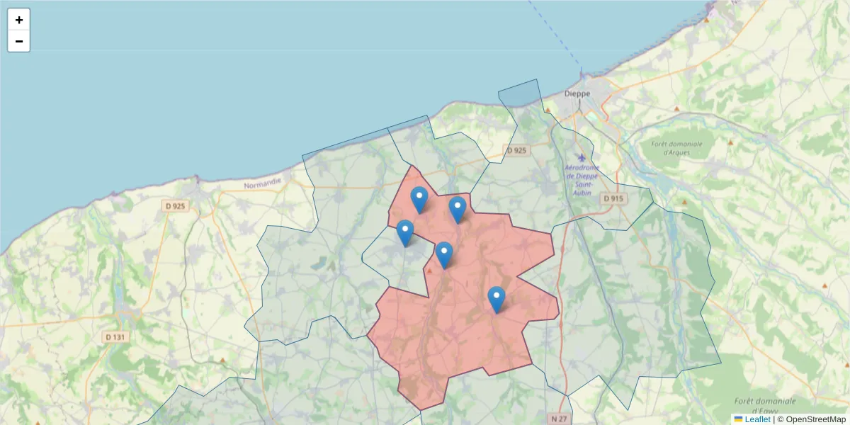Carte de la zone du code postal  et des codes postaux voisins en France