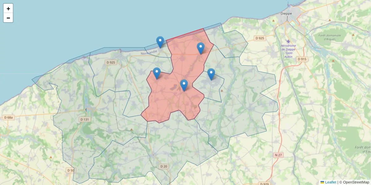 Carte de la zone du code postal  et des codes postaux voisins en France