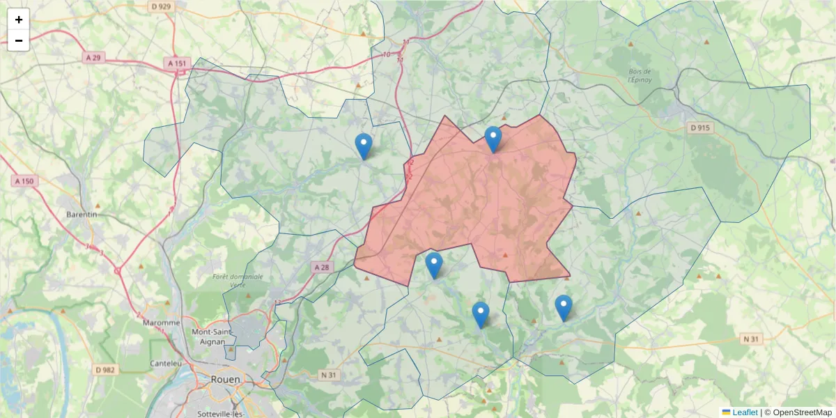 Carte de la zone du code postal  et des codes postaux voisins en France