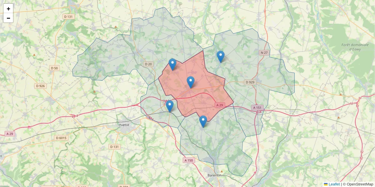 Carte de la zone du code postal  et des codes postaux voisins en France