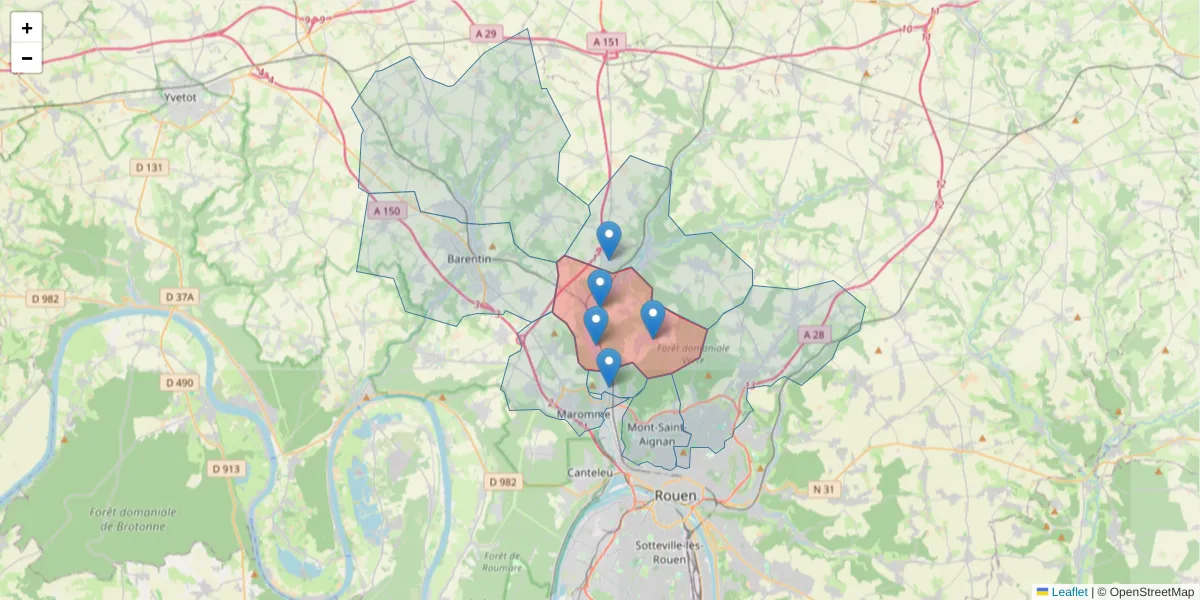 Carte de la zone du code postal  et des codes postaux voisins en France
