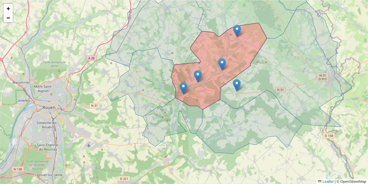 Carte de la zone du code postal  et des codes postaux voisins en France