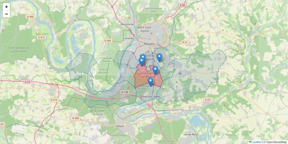 Carte de la zone du code postal  et des codes postaux voisins en France