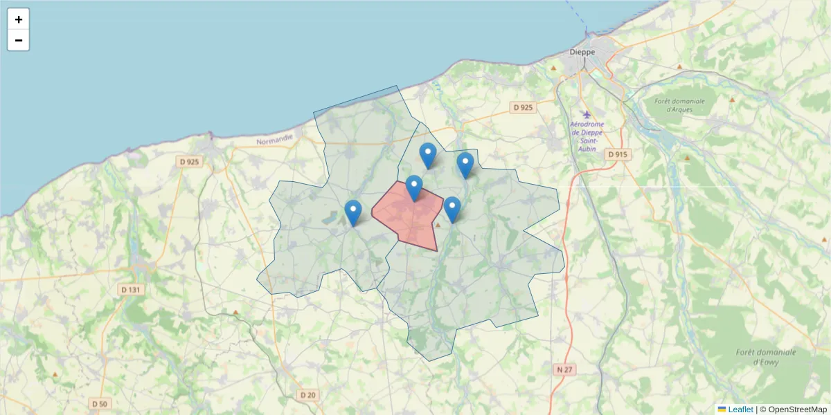 Carte de la zone du code postal  et des codes postaux voisins en France