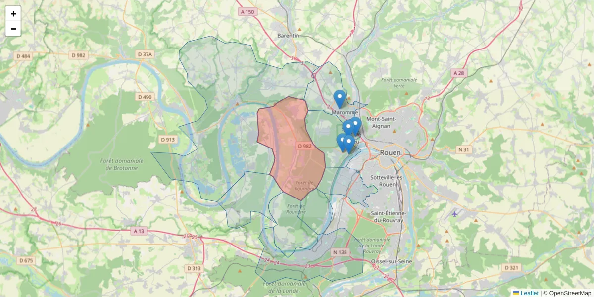 Carte de la zone du code postal  et des codes postaux voisins en France