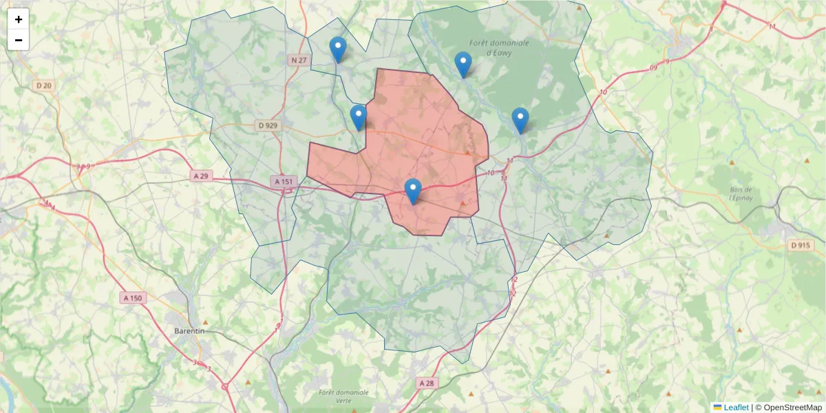 Carte de la zone du code postal  et des codes postaux voisins en France