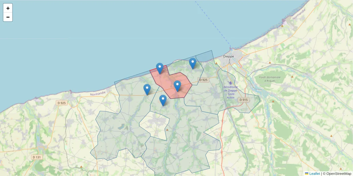 Carte de la zone du code postal  et des codes postaux voisins en France