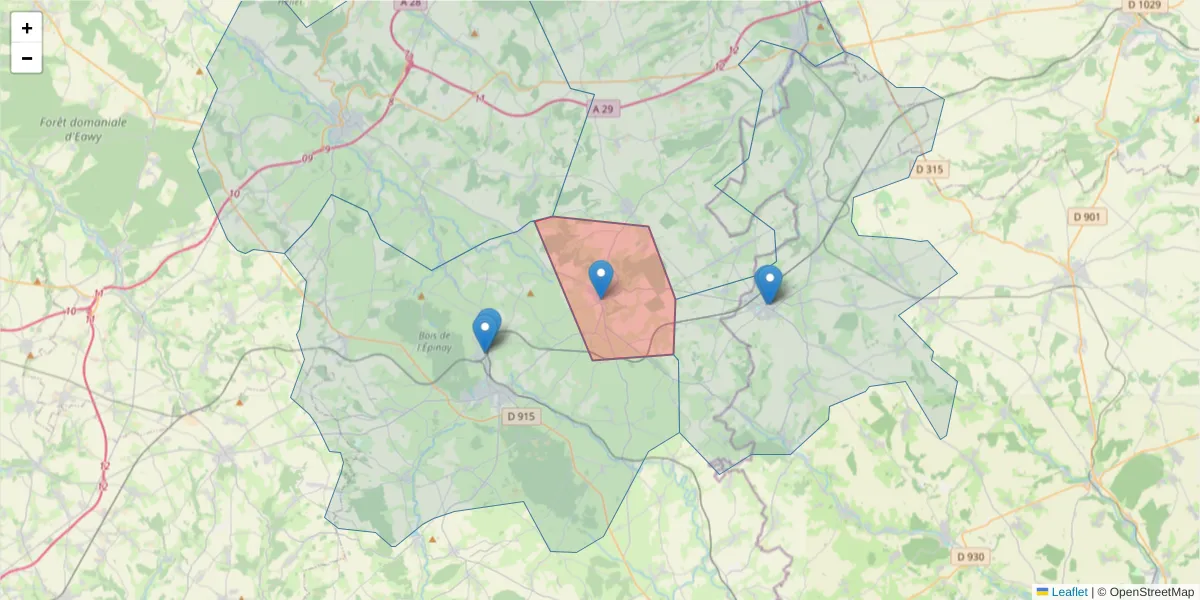 Carte de la zone du code postal  et des codes postaux voisins en France