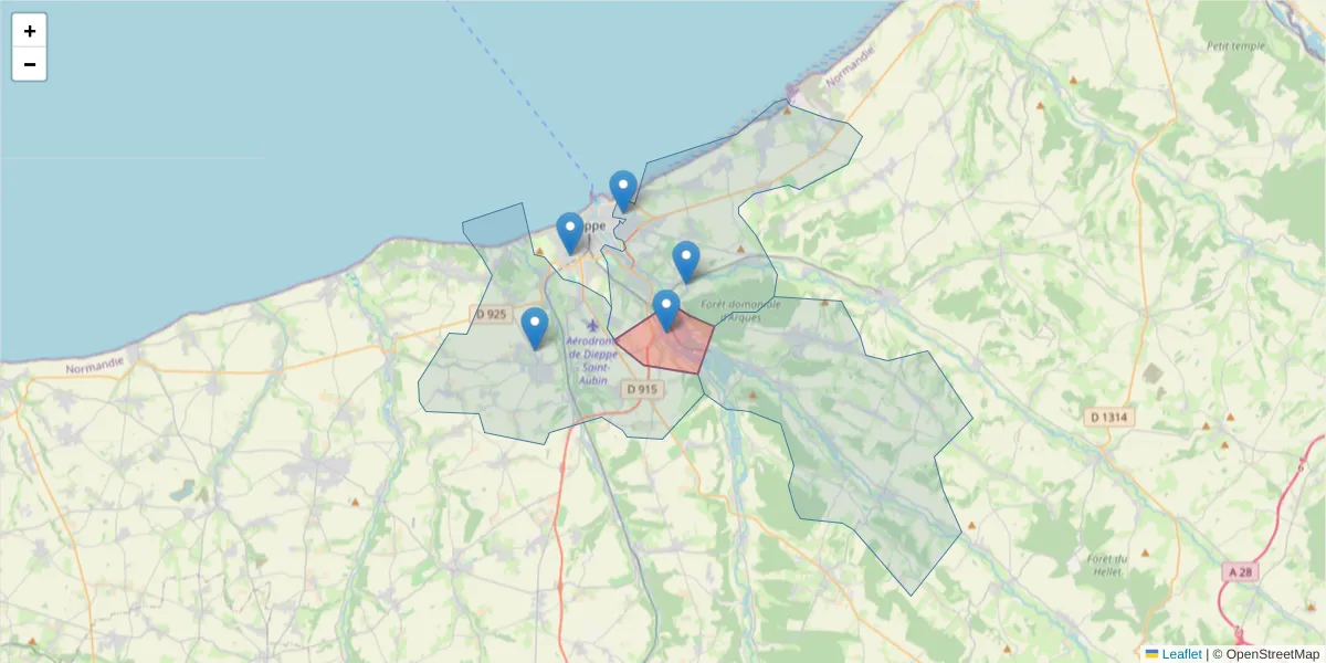 Carte de la zone du code postal  et des codes postaux voisins en France