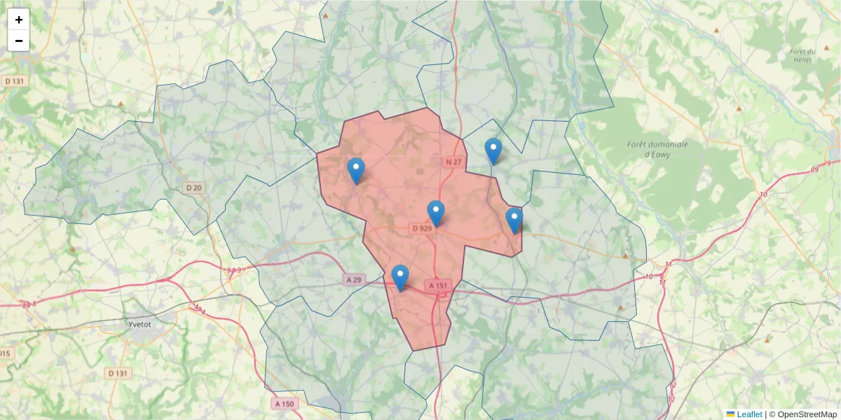 Carte de la zone du code postal  et des codes postaux voisins en France