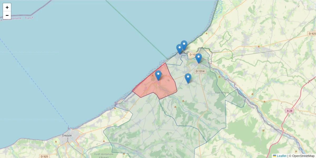 Carte de la zone du code postal  et des codes postaux voisins en France