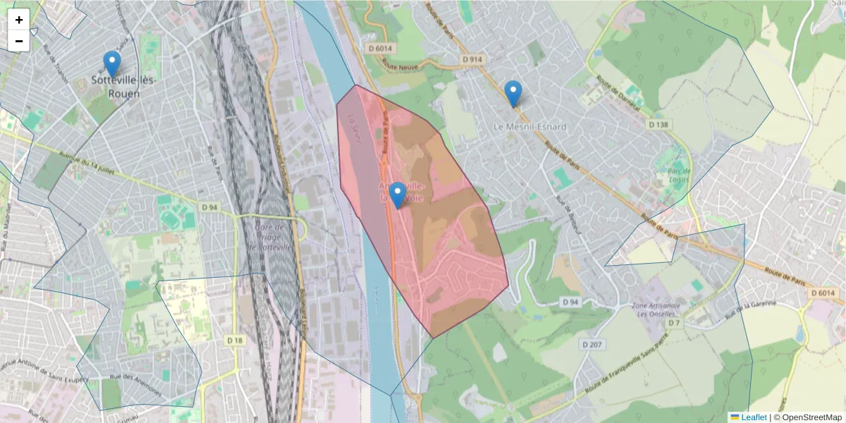 Carte de la zone du code postal  et des codes postaux voisins en France