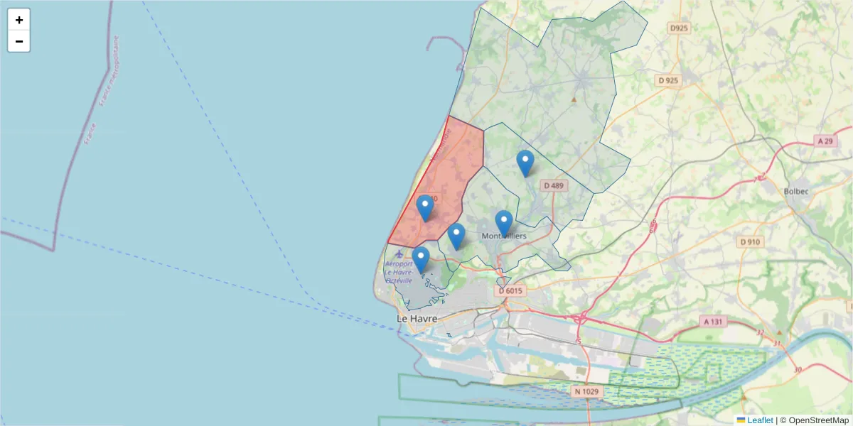Carte de la zone du code postal  et des codes postaux voisins en France