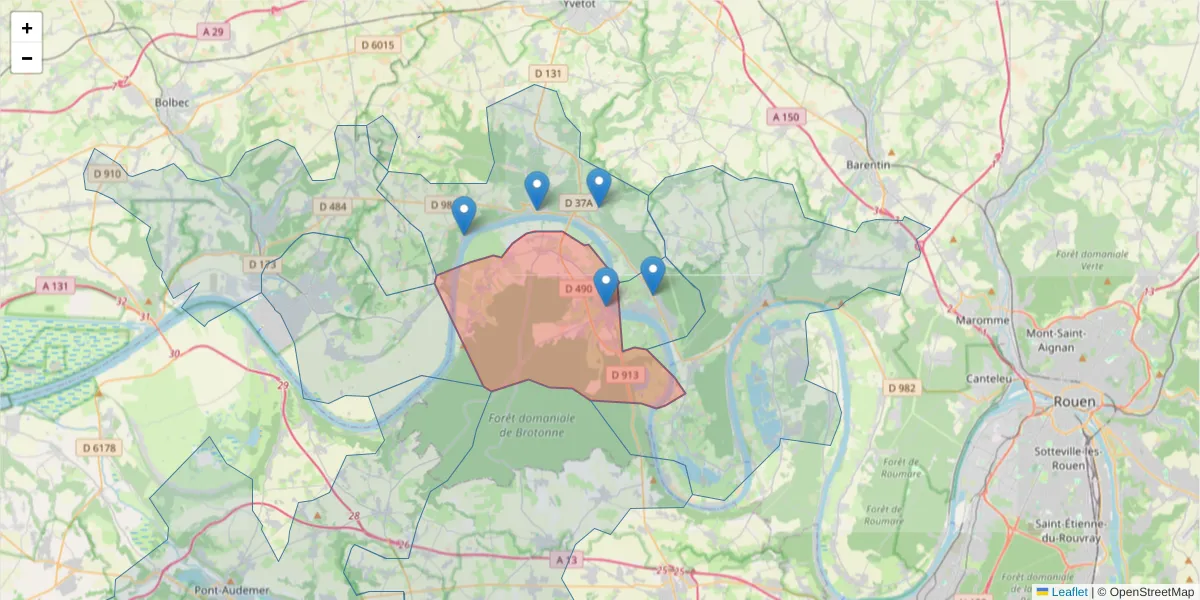Carte de la zone du code postal  et des codes postaux voisins en France