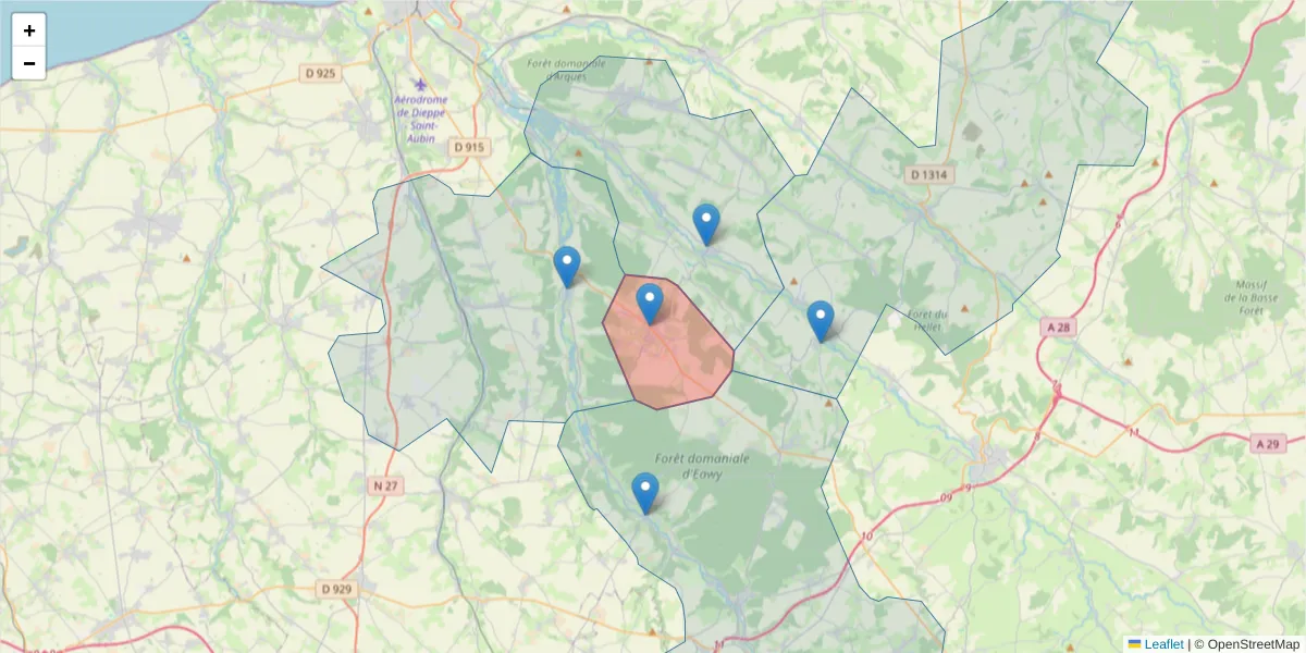 Carte de la zone du code postal  et des codes postaux voisins en France