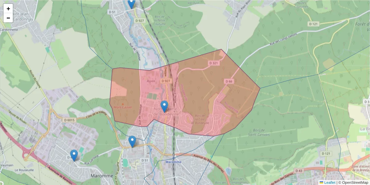 Carte de la zone du code postal  et des codes postaux voisins en France