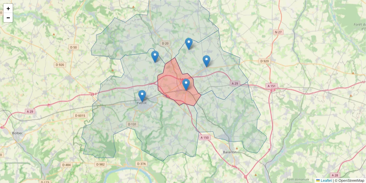 Carte de la zone du code postal  et des codes postaux voisins en France