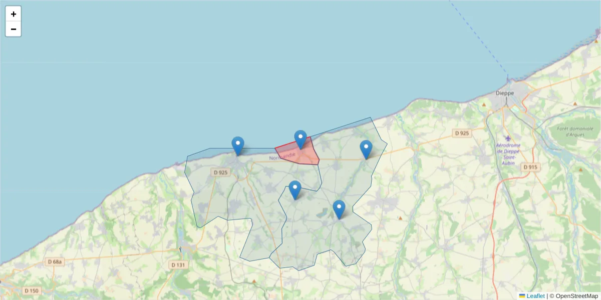 Carte de la zone du code postal  et des codes postaux voisins en France