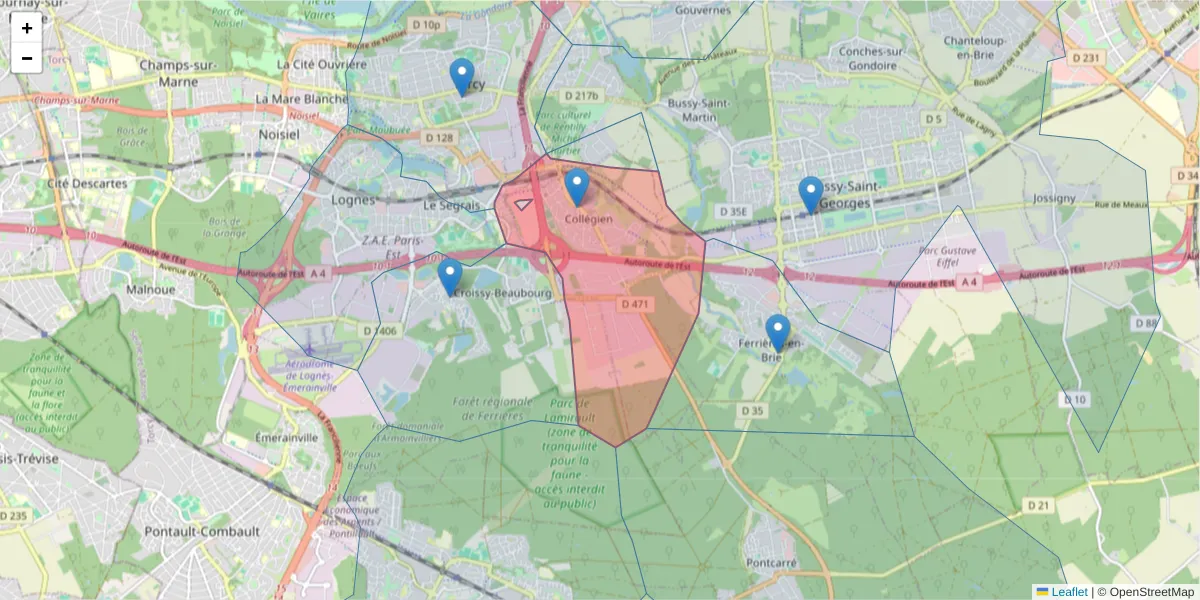 Carte de la zone du code postal  et des codes postaux voisins en France