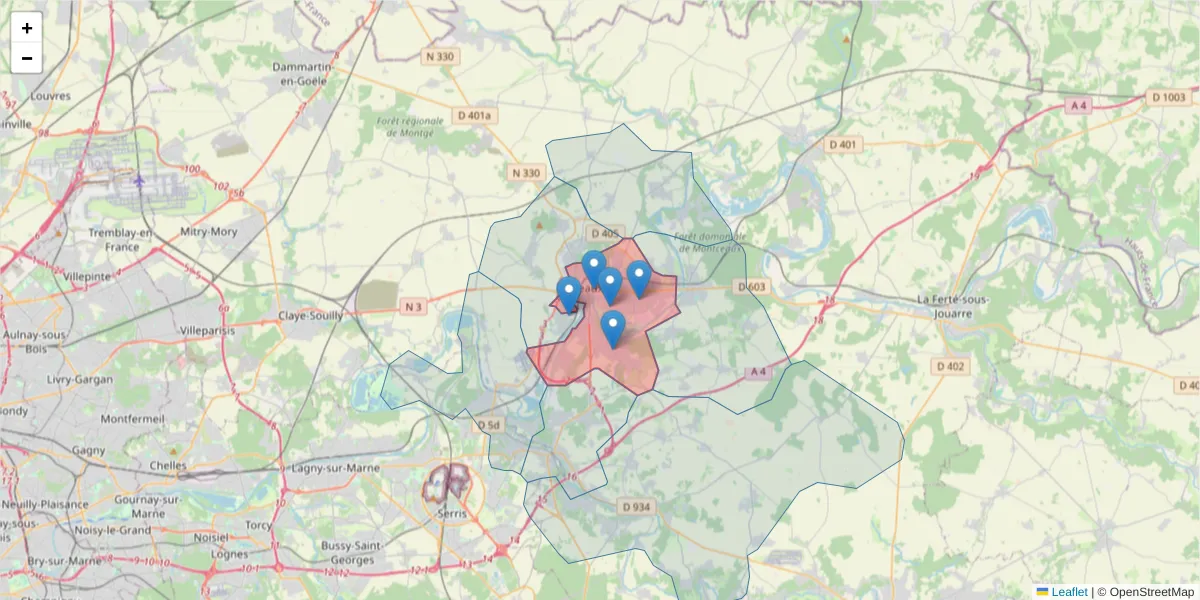 Carte de la zone du code postal  et des codes postaux voisins en France