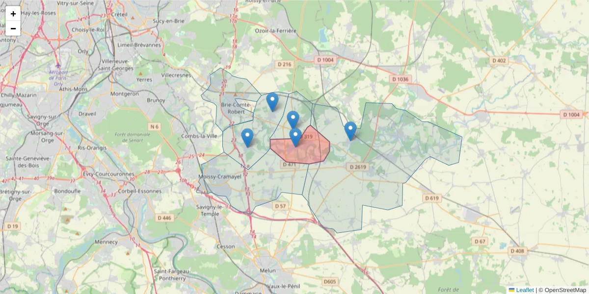 Carte de la zone du code postal  et des codes postaux voisins en France