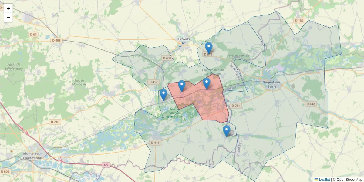 Carte de la zone du code postal  et des codes postaux voisins en France