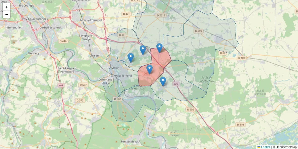 Carte de la zone du code postal  et des codes postaux voisins en France