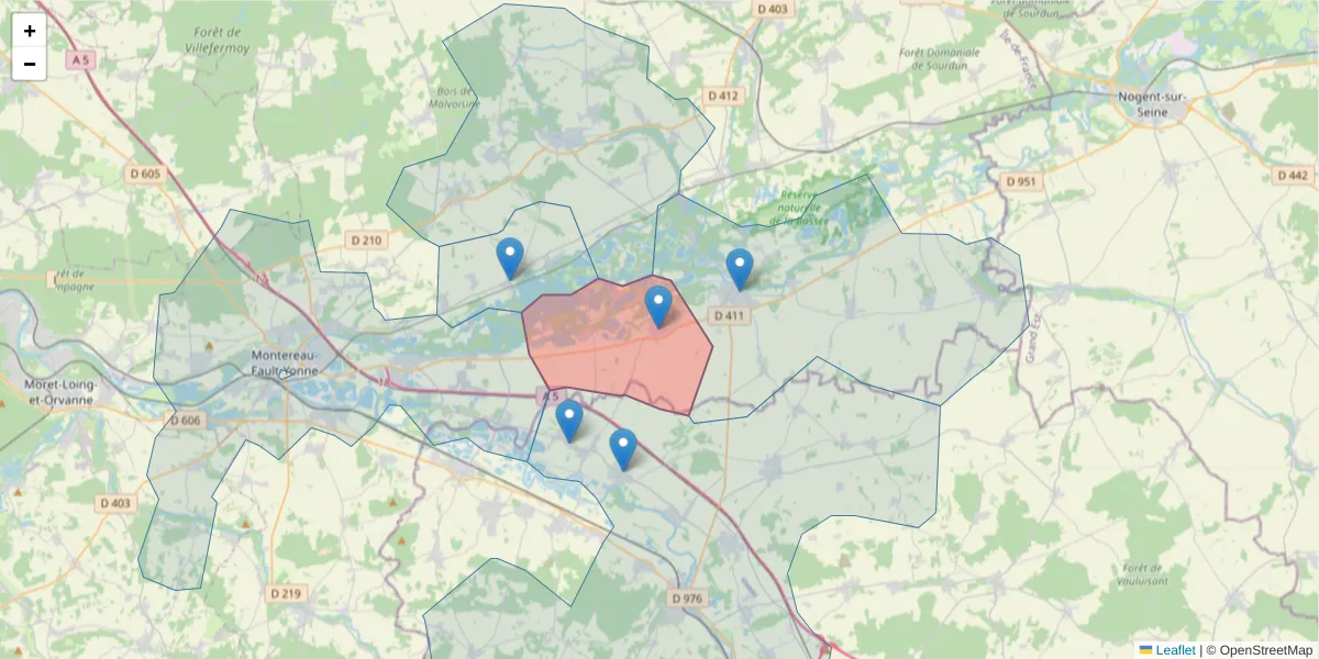 Carte de la zone du code postal  et des codes postaux voisins en France