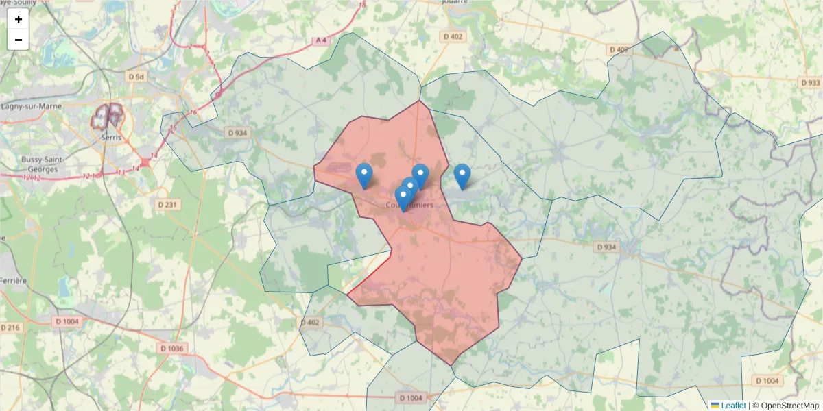 Carte de la zone du code postal  et des codes postaux voisins en France