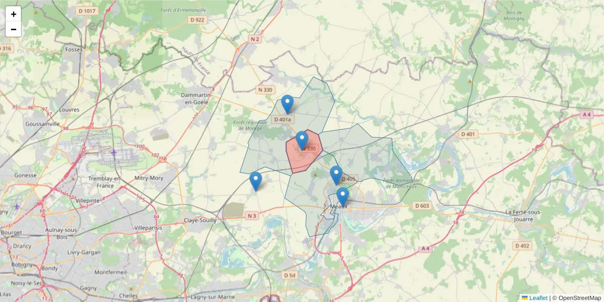 Carte de la zone du code postal  et des codes postaux voisins en France