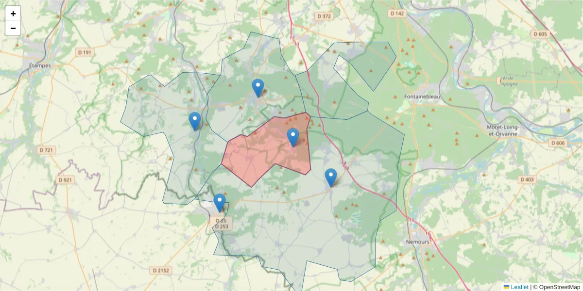 Carte de la zone du code postal  et des codes postaux voisins en France