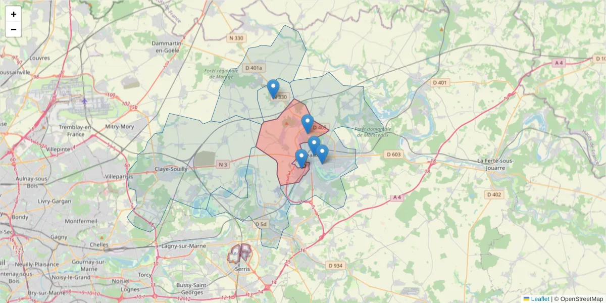 Carte de la zone du code postal  et des codes postaux voisins en France