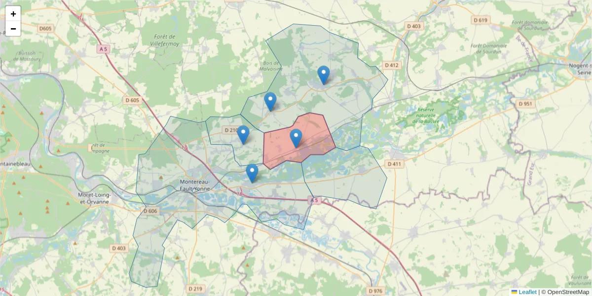 Carte de la zone du code postal  et des codes postaux voisins en France