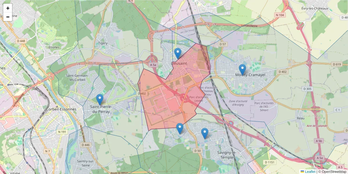 Carte de la zone du code postal  et des codes postaux voisins en France