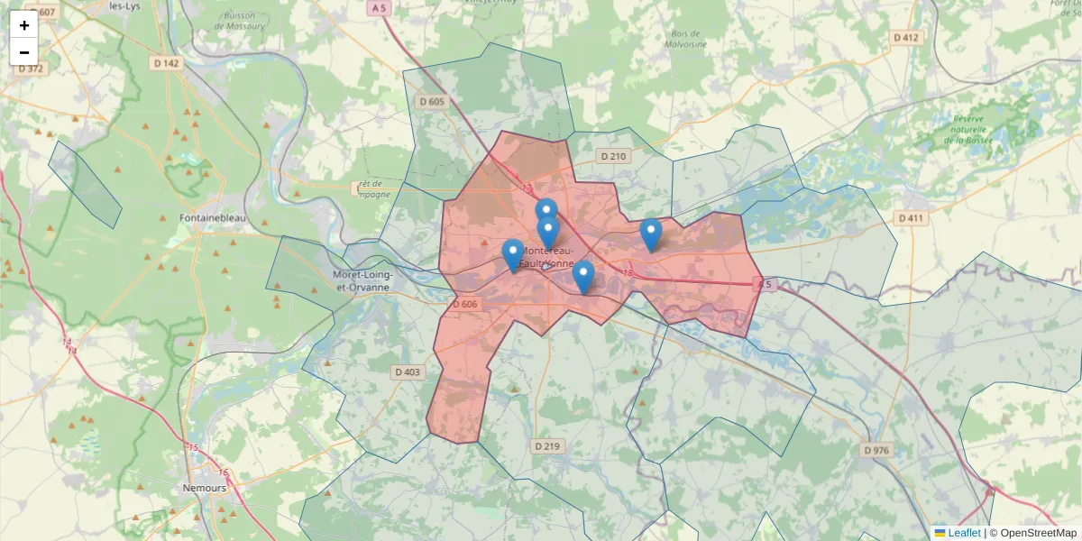 Carte de la zone du code postal  et des codes postaux voisins en France