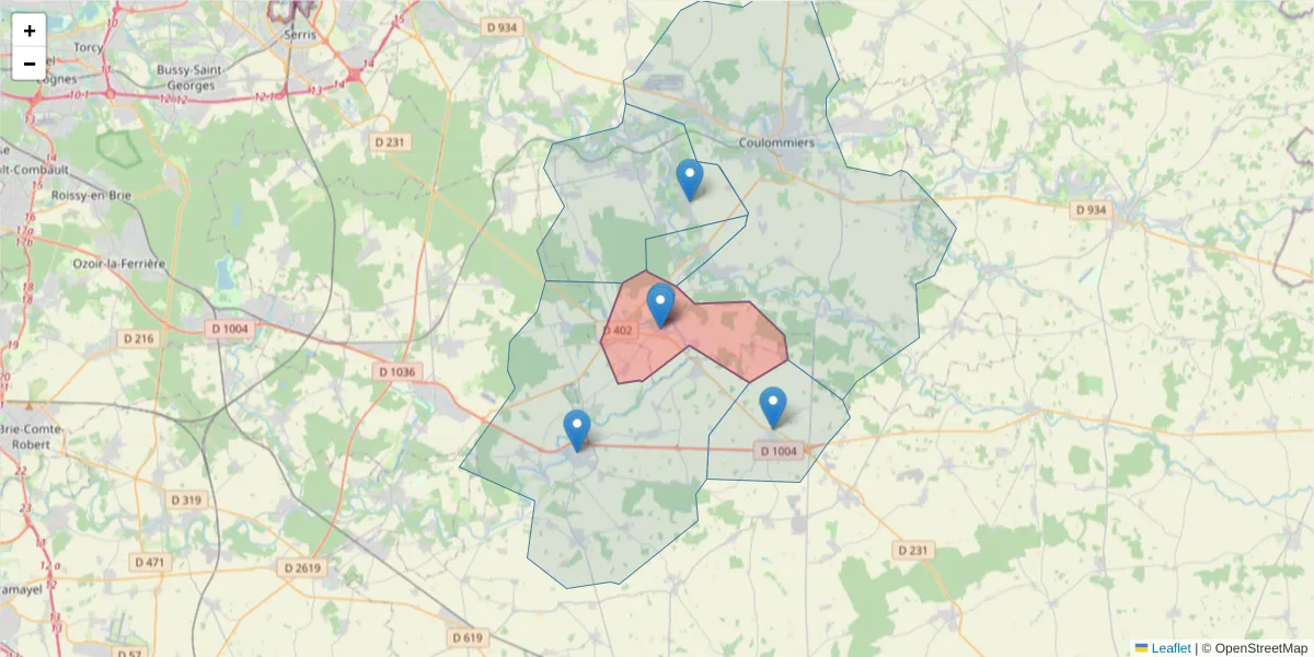 Carte de la zone du code postal  et des codes postaux voisins en France