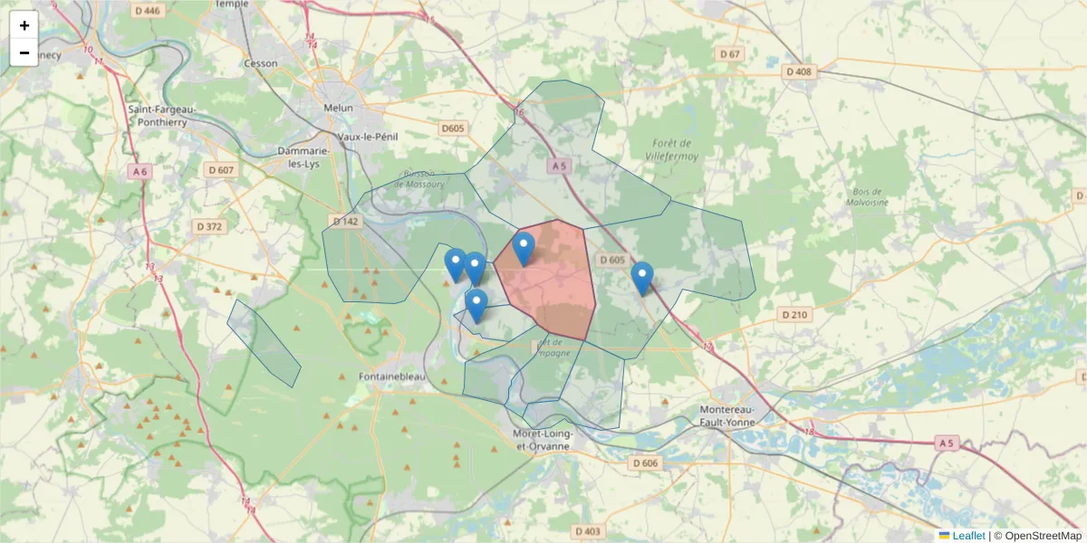 Carte de la zone du code postal  et des codes postaux voisins en France