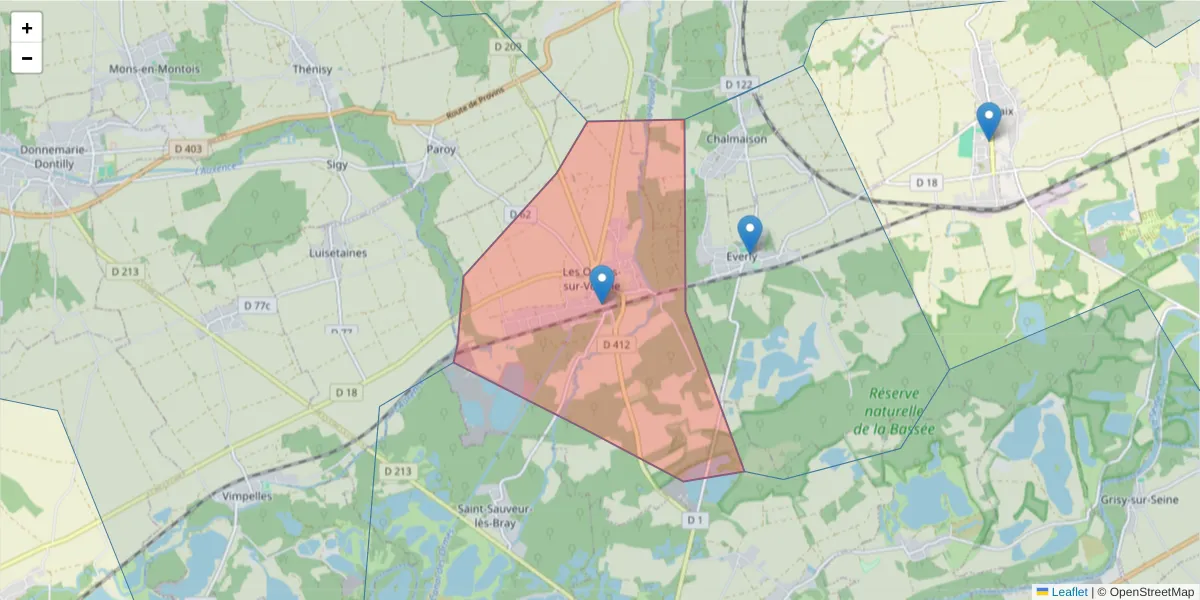 Carte de la zone du code postal  et des codes postaux voisins en France