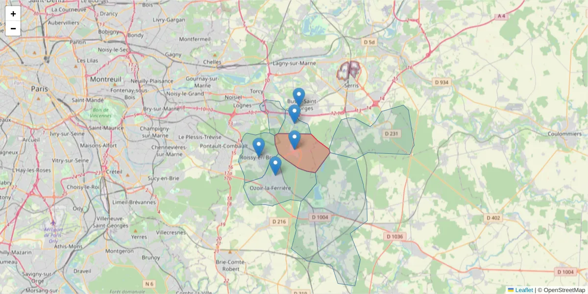 Carte de la zone du code postal  et des codes postaux voisins en France