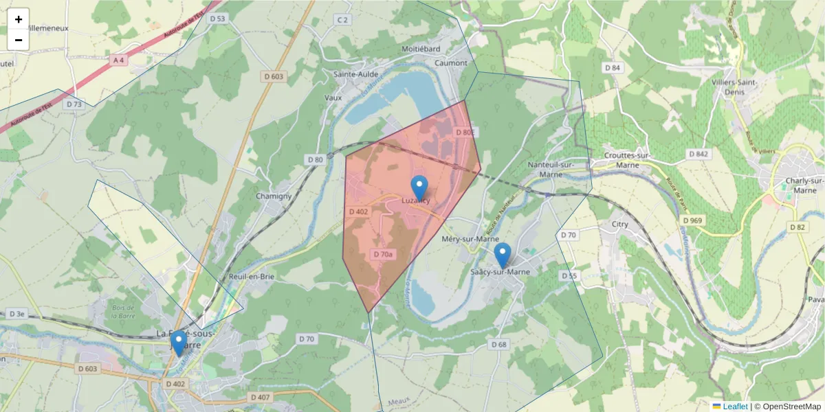 Carte de la zone du code postal  et des codes postaux voisins en France