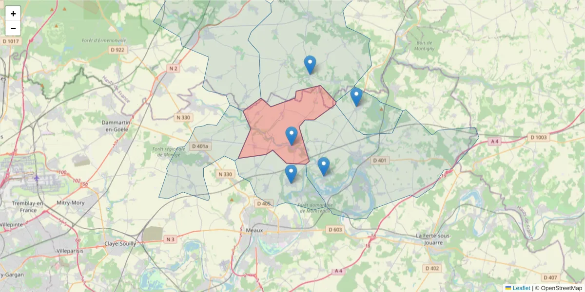 Carte de la zone du code postal  et des codes postaux voisins en France