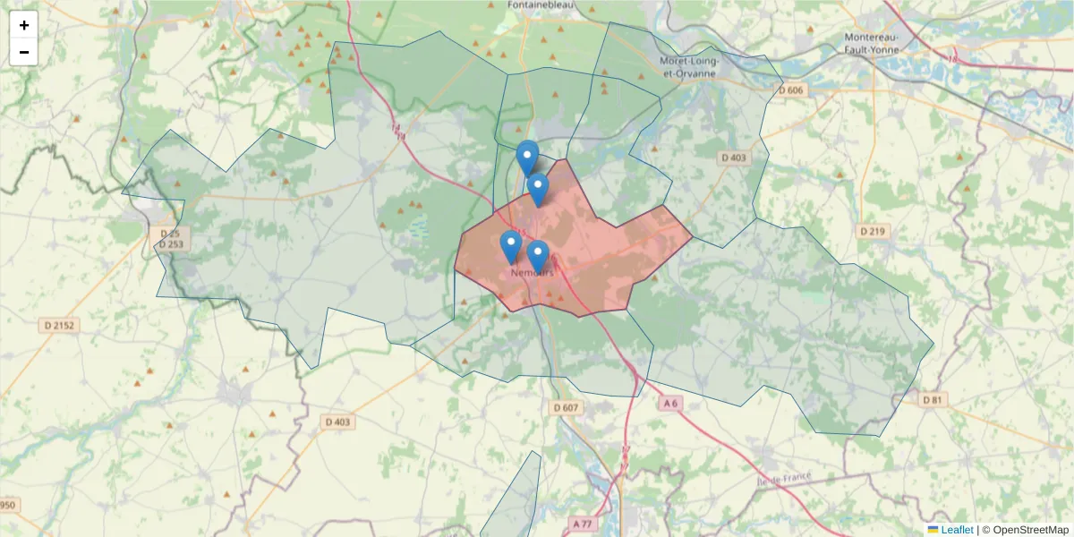 Carte de la zone du code postal  et des codes postaux voisins en France