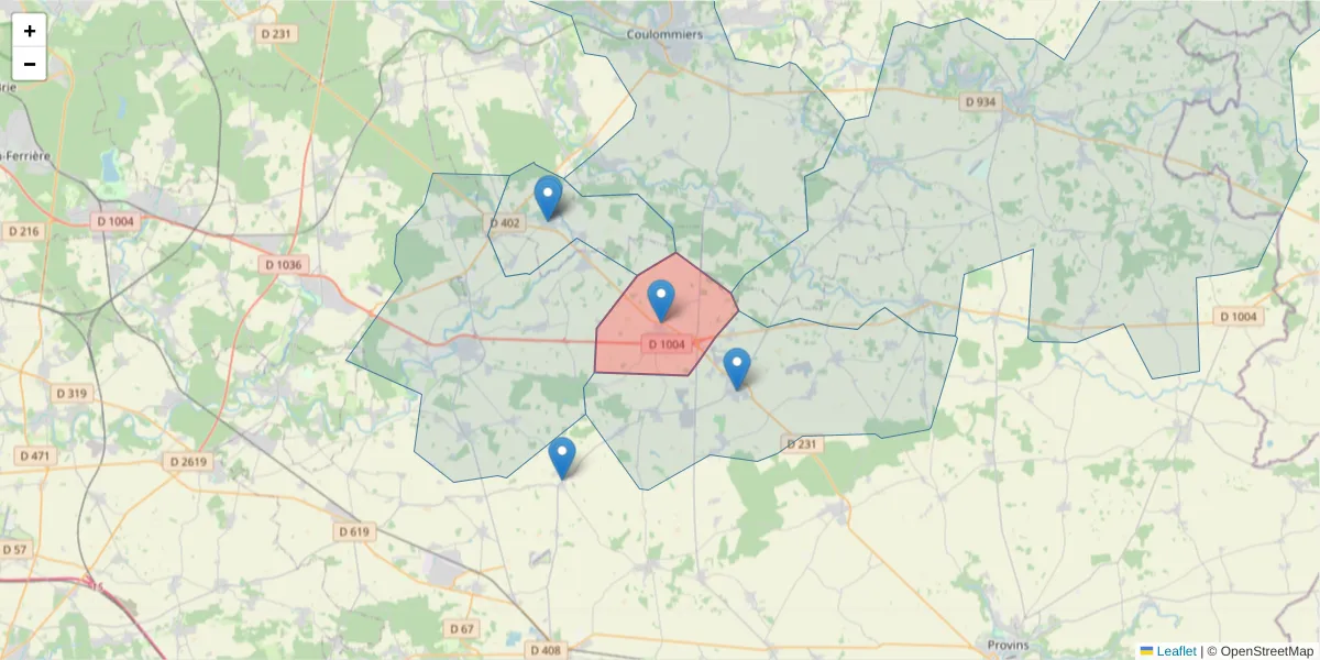 Carte de la zone du code postal  et des codes postaux voisins en France