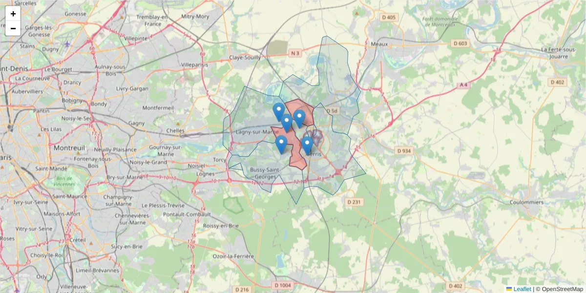 Carte de la zone du code postal  et des codes postaux voisins en France