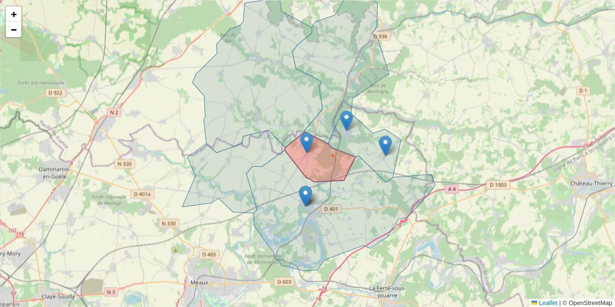 Carte de la zone du code postal  et des codes postaux voisins en France