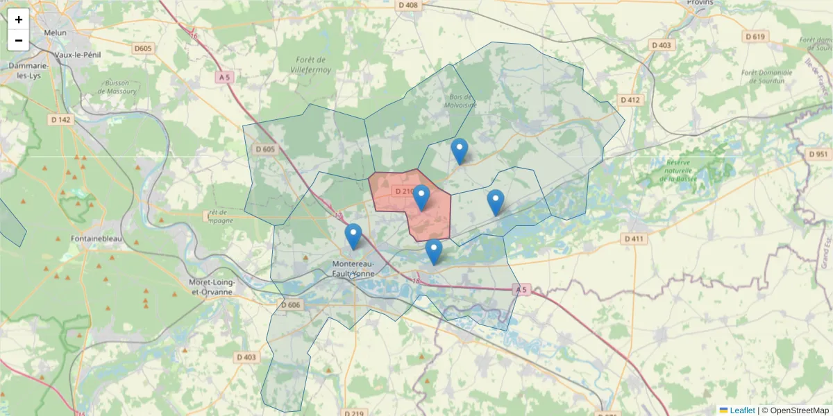 Carte de la zone du code postal  et des codes postaux voisins en France